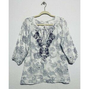 Malvin I Love Linen Top Womens Medium Blue Paisley Floral Embroidered Boho